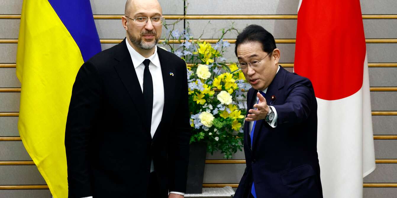 Ukraine's Prime Minister Denys Shmyhal (L) meets with Japan's Prime Minister Fumio Kishida as a part of the Japan-Ukraine Conference for Promotion of Economic Growth and Reconstruction at Kishida's official residence in Tokyo on February 19, 2024. Ukraine's prime minister urged Japan's government and private sector on February 19 to step up support for the country's reconstruction, promising an "economic miracle" once the almost two-year-old war with Russia ends.
 (Photo by ISSEI KATO / POOL / AFP)